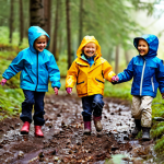 A group of diverse young children, aged 3-6, fully clothed in appropriate outdoor rain gear and colorful waterproof jackets, playing joyfully in a lush Swedish forest. They are exploring a muddy path and examining fallen leaves, with soft, natural light filtering through the trees. The scene emphasizes nature-based learning and joyful outdoor play. Perfect anatomy, correct proportions, natural pose, well-formed hands, proper finger count, natural body proportions, professional photography, high quality, safe for work, appropriate content, modest clothing, family-friendly.