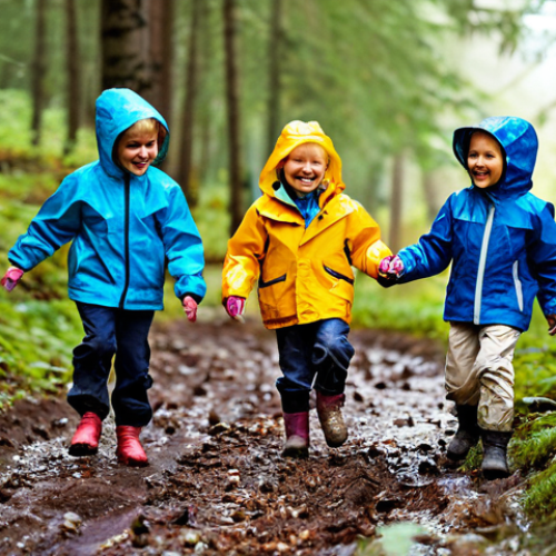 A group of diverse young children, aged 3-6, fully clothed in appropriate outdoor rain gear and colorful waterproof jackets, playing joyfully in a lush Swedish forest. They are exploring a muddy path and examining fallen leaves, with soft, natural light filtering through the trees. The scene emphasizes nature-based learning and joyful outdoor play. Perfect anatomy, correct proportions, natural pose, well-formed hands, proper finger count, natural body proportions, professional photography, high quality, safe for work, appropriate content, modest clothing, family-friendly.