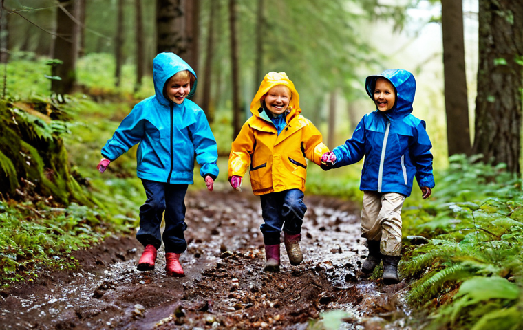 A group of diverse young children, aged 3-6, fully clothed in appropriate outdoor rain gear and colorful waterproof jackets, playing joyfully in a lush Swedish forest. They are exploring a muddy path and examining fallen leaves, with soft, natural light filtering through the trees. The scene emphasizes nature-based learning and joyful outdoor play. Perfect anatomy, correct proportions, natural pose, well-formed hands, proper finger count, natural body proportions, professional photography, high quality, safe for work, appropriate content, modest clothing, family-friendly.