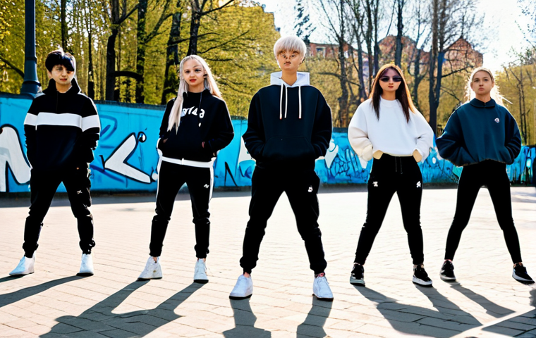**

"A bustling K-Pop dance practice in a Stockholm park. Young Swedes, diverse and energetic, are fully clothed in stylish streetwear, mimicking a complex K-Pop choreography. Graffiti art adorns the backdrop, blending Scandinavian minimalist aesthetics with vibrant K-Pop visuals. Soft, diffused sunlight, safe for work, appropriate content, professional, modest, perfect anatomy, natural proportions, well-formed hands."

**
